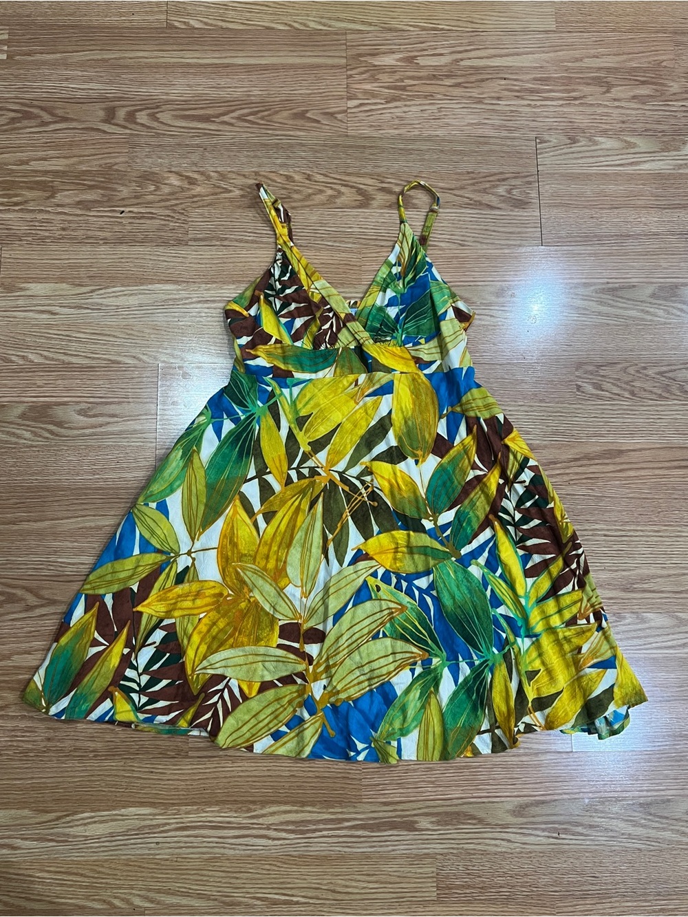 Vintage Jams World Multicolor Tropical Leaf Print Dress- Yellow Green Blue Brown